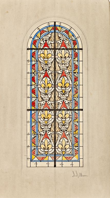 Ensemble de 2 verrières décoratives et d'une verrière à personnage : saint Louis (baies 23, 24 et baie occidentale) - Église prieurale et paroissiale Saint-Pierre-et-Saint-Paul, Brûlon