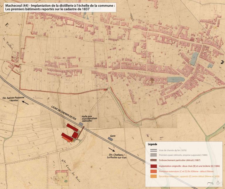 Implantation de la distillerie à l'échelle de la commune sur le cadastre de 1837, 2018.