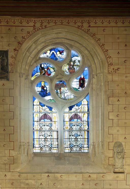 Verrière historiée : adoration des bergers (baie 3) - Église paroissiale Saint-Sixte, La Chapelle-Rainsouin