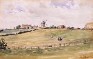 Paysage de terres hautes près du bourg et du moulin Blanc, tableau par Gaston Chauvet vers 1900.