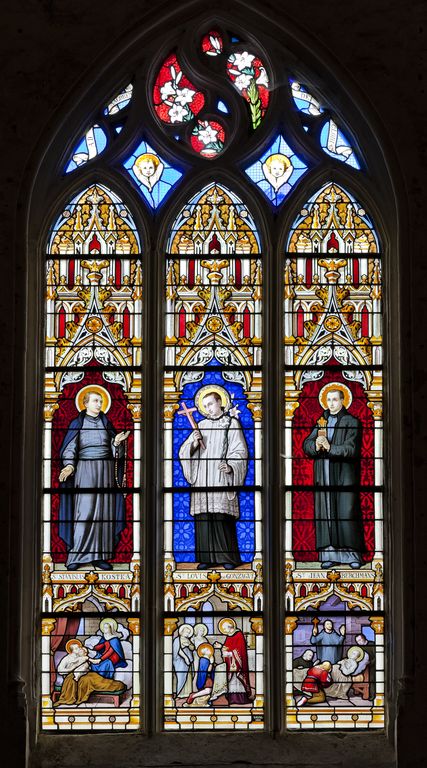 Ensemble de 2 verrières à personnages : saint Gabriel, saint Michel, saint Raphaël ; saint Stanislas Kotska, saint Louis de Gonzague, saint Jean Berchmans (baies 5 et 6) - Église Notre-Dame-de-l'Assomption, Livré-la-Touche