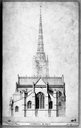Projet de restauration : élévation du chevet (avec la sacristie à gauche) au 1/100e par Juste Lisch, architecte, le 1er mars 1861.