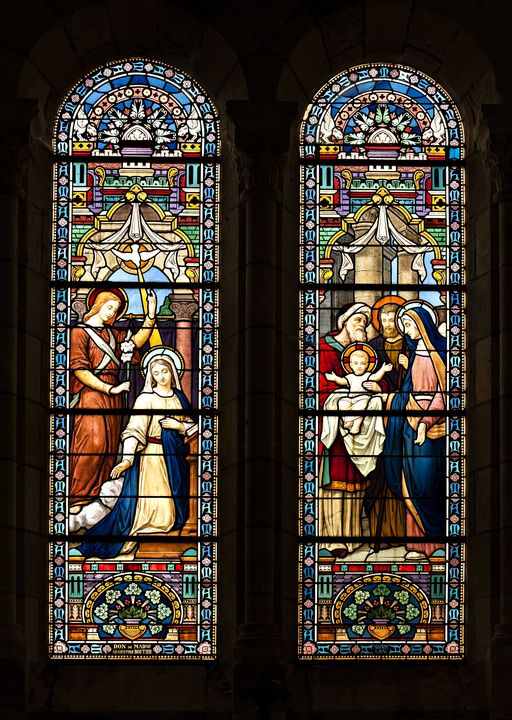 Ensemble de 3 verrières à personnage, de 4 verrières historiées et de 4 verrières décoratives - Église paroissiale Saint-Nazaire-et-Saint-Celse, Ruillé-en-Champagne