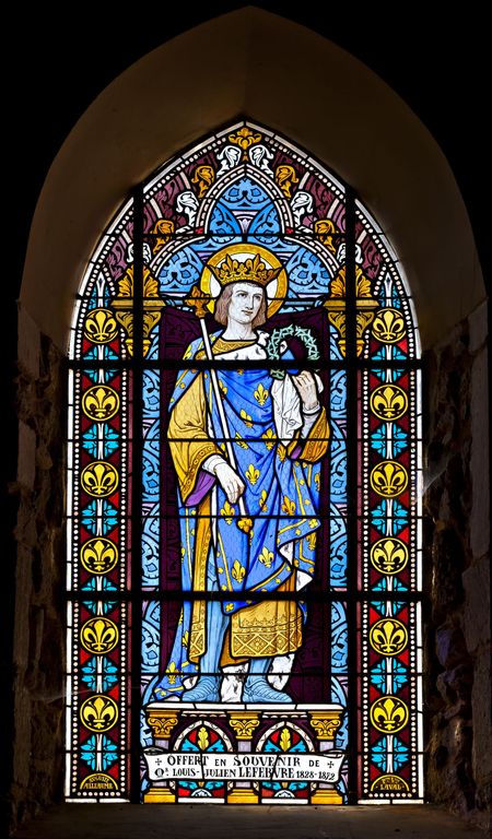 Ensemble de 4 verrières à personnage : saint Paul, saint Louis, Vierge à l'Enfant, sainte Thérèse de l'Enfant Jésus (baies 1 à 4) - Église saint-Pierre, Assé-le-Riboul