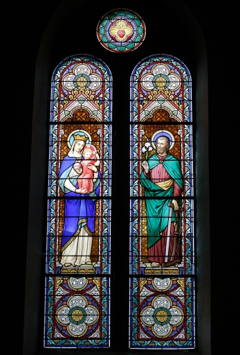 Ensemble de 2 verrières à personnages : éducation de la Vierge, saint Mathieu ; Vierge à l'Enfant, Saint Joseph (baies 5 et 6) - Église paroissiale Saint-Martin, Marcillé-la-Ville