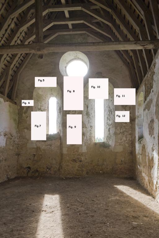 Ensemble de deux peintures monumentales : imitation de pierre de taille, imitation de claveau, croix de consécration