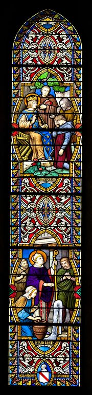 Ensemble de 2 verrières historiées : ascension, saint Michel terrassant le dragon, scènes de la vie de saints (baies 105 et 106) - Église paroissiale Notre-Dame-de-l'Assomption, Chailland