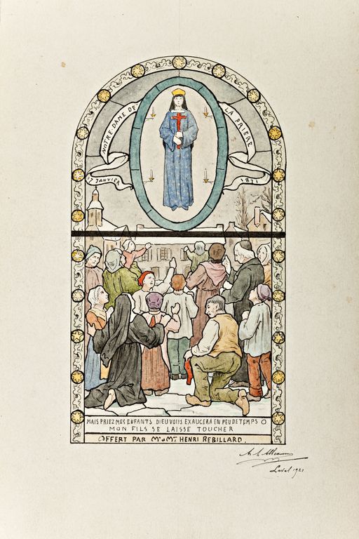 Ensemble de 3 verrières historiées : apparitions de la Vierge à la Salette, à Lourdes et à Pontmain (baies 3, 4 et 6) - Église paroissiale Saint-Pierre, Laubrières