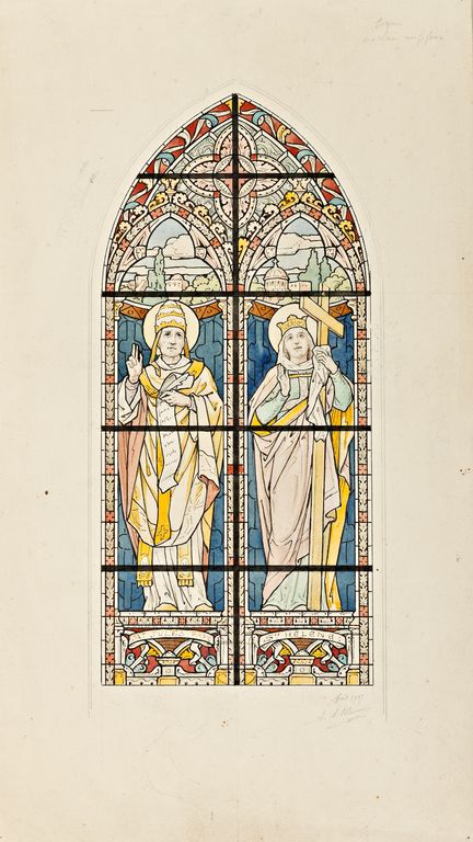 Ensemble de 4 verrières à personnages : sainte Elisabeth, saint François d'Assise, saint Jules, sainte Hélène, saint Aubin, saint Joseph, saint Julien, saint Raphaël (baies 7, 8, 11 et 12) - Église paroissiale Saint-Aubin, Vautorte