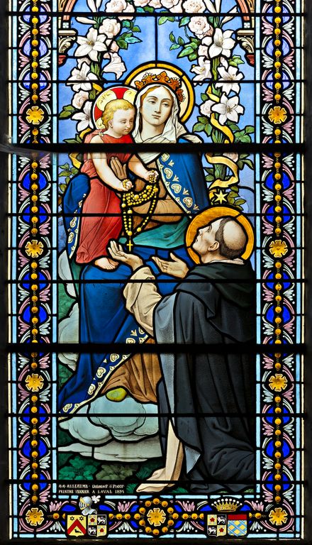 Ensemble de 2 verrières historiées : repas chez Simon, apparition de la Vierge à saint Dominique (baies 9 et 10) - Église paroissiale Notre-Dame-de-l'Assomption, Chailland