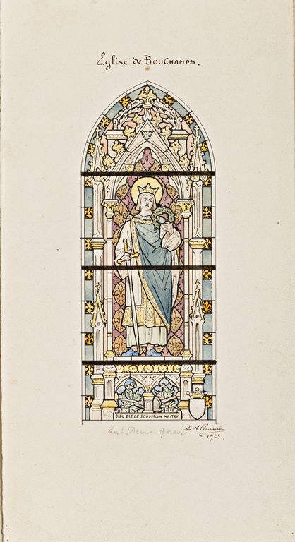 Ensemble de 2 verrières à personnages : saint François de Sales, saint Louis, monument aux morts (baies 5 et 6) - Église paroissiale Saint-Pierre, Bouchamps-les-Craon
