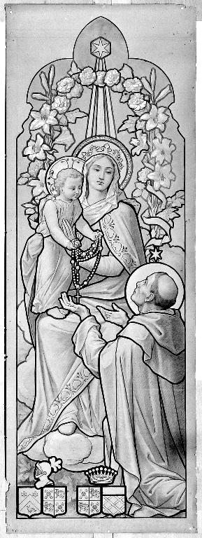 Ensemble de 2 verrières historiées : repas chez Simon, apparition de la Vierge à saint Dominique (baies 9 et 10) - Église paroissiale Notre-Dame-de-l'Assomption, Chailland