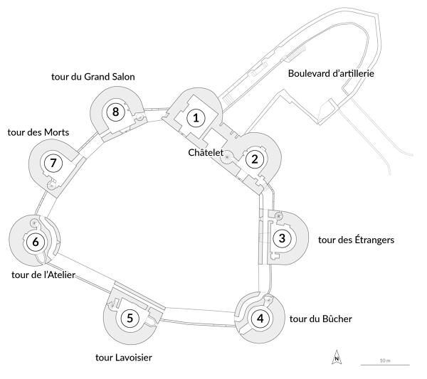 Plan du château de Lassay, dénomination des tours.