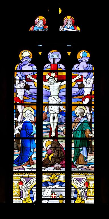 Ensemble de 7 verrières historiées : vie du Christ (baies 5, 6, 9, 10, 11, 12 et baie occidentale) - Église paroissiale Saint-Gervais-Saint-Protais, Quelaines-Saint-Gault