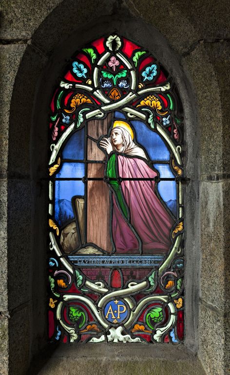 Ensemble de 2 verrières figurées et de 2 verrières décoratives : mort de Stanislas Kostka, la Vierge au pied de la croix, guirlandes florales