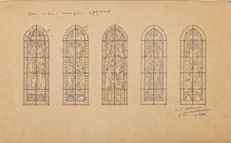 Ensemble de 5 verrières historiées : vie du Christ et de la Vierge (baies 0 à 4) - Église paroissiale Notre-Dame, Chassillé