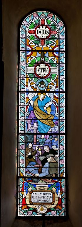 Verrière commémorative de la guerre 1914-1918 : la mort chrétienne au champ d'honneur (baie 3) - Église paroissiale Saint-Jean-Baptiste, Saint-Jean-sur-Erve