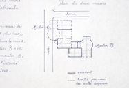 Plan schématique, selon COMPERA et ROUAUD (état vers 1980, nord en bas) : moulins dits A (=neuf) et B (=vieux)