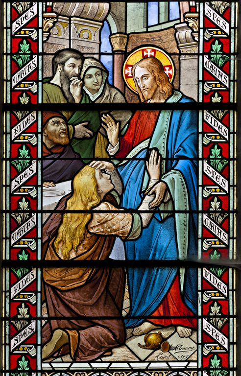 Ensemble de 2 verrières historiées : repas chez Simon, apparition de la Vierge à saint Dominique (baies 9 et 10) - Église paroissiale Notre-Dame-de-l'Assomption, Chailland