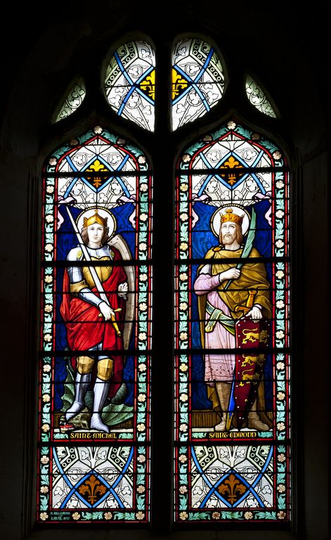 Verrière à personnages : saint Michel terrassant le dragon, saint Edmond (baie 6) - Église paroissiale Saint-Martin, Soulgé-sur-Ouette (Nuillé-sur-Ouette)