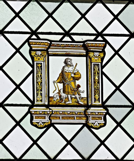 Ensemble de 4 verrières figurées géométriques : figures en médaillon, scènes de chasse et de fête - Château de Saint-Ouen, Chemazé
