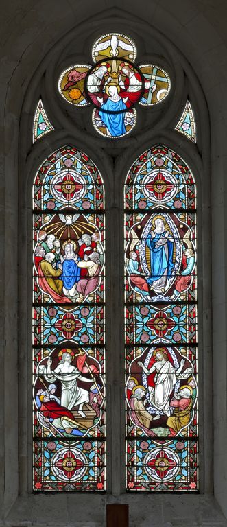 Ensemble de 3 verrières historiées : vies du Christ et de la Vierge (baies 0 à 2) - Église paroissiale Notre-Dame-de-l'Assomption, Grazay