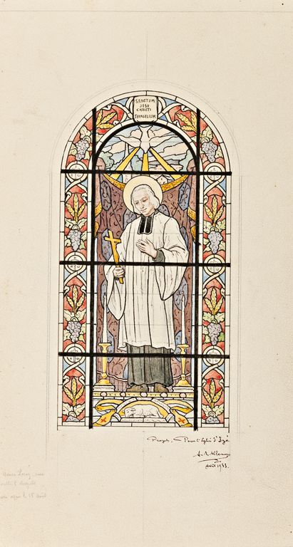 Verrière à personnage : saint Jean-Baptiste Marie Vianney - Église paroissiale Saint-Pierre, Izé