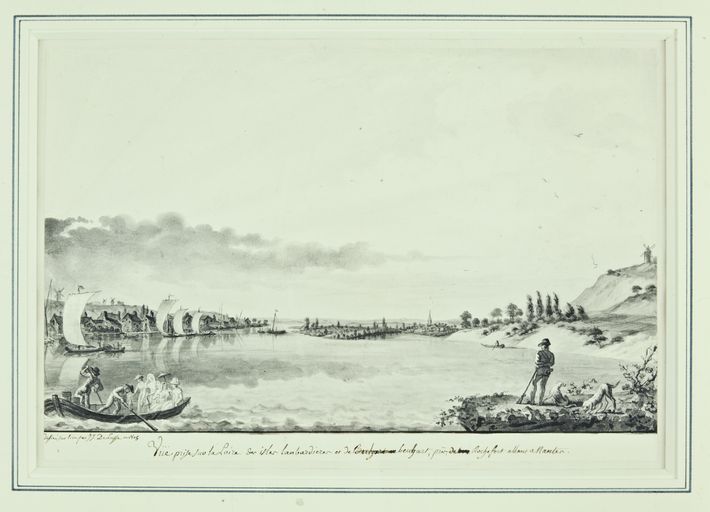 "Vüe prise sur la Loire des isles lanbardières et de beuyart près de Rochefort allant à Nantes",  (titre inscrit). (Musée de la marine de Loire de Châteauneuf-sur-Loire).