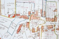 Extrait du plan terrier des châtellenies de Thévalles et de Saulges, vers 1772, pl.1 : partie sud-est du bourg.