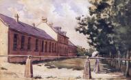 L'école côté place de la Liberté, tableau par Gaston Chauvet vers 1900.