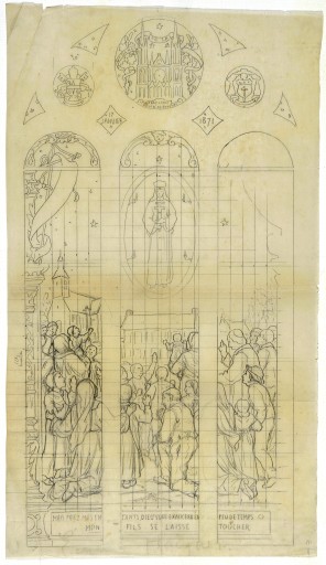 Ensemble de 2 verrières historiées : Sainte Famille, apparition de la Vierge à Pontmain (baies 2 et 4) - Église paroissiale Saint-Crespin-et-Crespinien, Larchamp