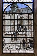 Verrière historiée : gendarmes brisant une verrière lors de l'inventaire de 1906 (baie 9) - Église paroissiale Saint-Martin, Montjean