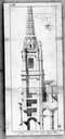 Construction en sous-œuvre de la tourelle d'escalier du clocher : coupe du massif occidental par Juste Lisch, architecte, en 1859.