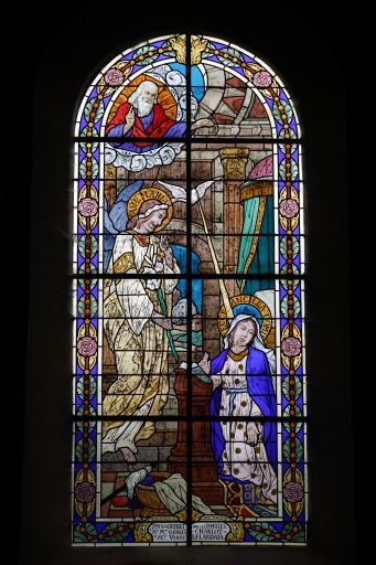 Ensemble de 2 verrières historiées : annonciation, la Samaritaine au puits (baies 3 et 4) - Église paroissiale Saint-Aubin, Saint-Aubin-Fosse-Louvain