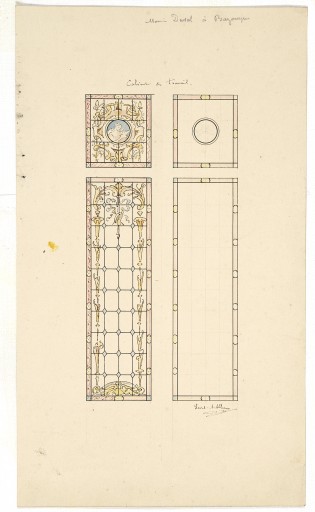 Ensemble de 3 verrières décoratives : pampre, branches de pommier, allégories de l'écriture et de la lecture - Maison, 2-4 rue de Bergault, Bazougers