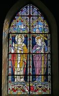 Ensemble de 4 verrières à personnages : sainte Elisabeth, saint François d'Assise, saint Jules, sainte Hélène, saint Aubin, saint Joseph, saint Julien, saint Raphaël (baies 7, 8, 11 et 12) - Église paroissiale Saint-Aubin, Vautorte