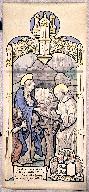 Ensemble des 2 verrières de la chapelle : saint Nicolas et les trois clercs au saloir, apparition de la Vierge à saint Bernard (baies 0 et 2) - Château de Lorrière, Dissé-sous-le-Lude