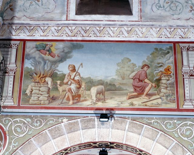 Peintures monumentales de l'église paroissiale Sainte-Thérèse de Pré-en-Pail : scènes bibliques dédiées à l'eucharistie, prophètes, docteurs de l'Eglise, Eglise, Synagogue, Vierge, Noé, Moïse, saint Jean-Baptiste, Esther, Rébecca, Judith, Rachel