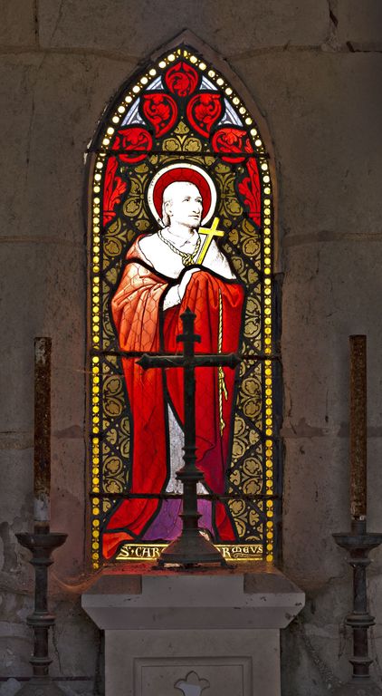 Ensemble de 2 verrières décoratives et d'1 verrière à personnage : saint Charles Borromée - Chapelle funéraire de la famille Brullé