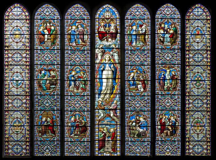 Ensemble de 5 verrières historiées et de 2 verrières décoratives : vie de la Vierge (baies 0 à 6) - Église paroissiale Notre-Dame-de-l'Assomption, Chailland