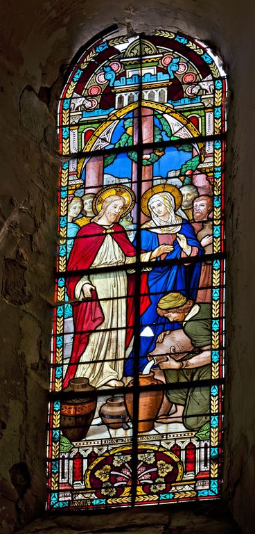 Ensemble de 2 verrières historiées : communion de la Vierge, noces de Cana (baies 3 et 4) - Église paroissiale Saint-Corneille-et-Saint-Cyprien, La Baconnière