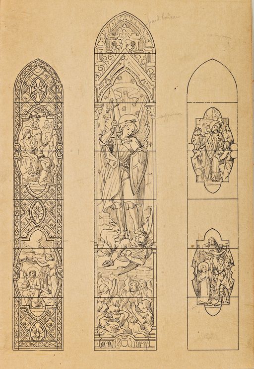 Ensemble de 2 verrières historiées : ascension, saint Michel terrassant le dragon, scènes de la vie de saints (baies 105 et 106) - Église paroissiale Notre-Dame-de-l'Assomption, Chailland