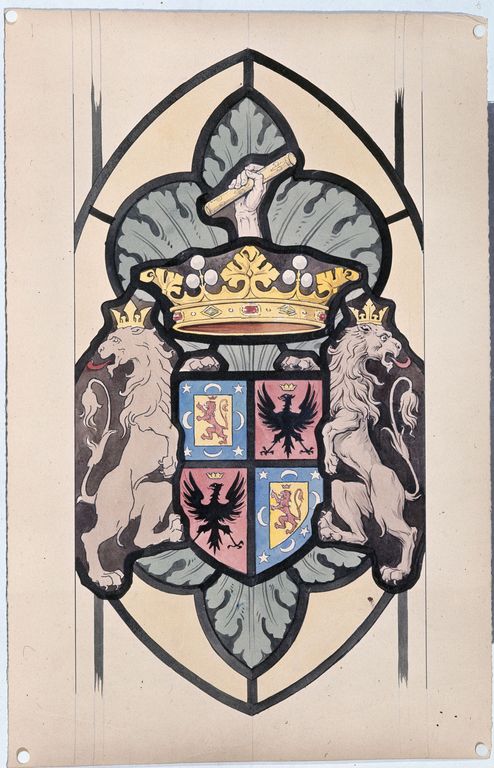 Verrière héraldique : armoiries du marquis et de la marquise de Montferré (baie occidentale) - Chapelle Saint-Trèche