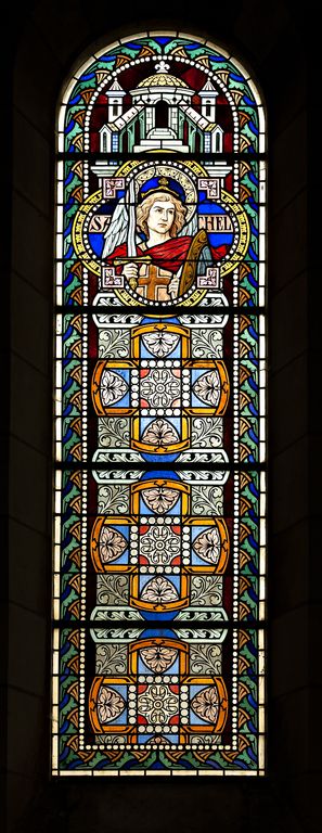 Ensemble de 4 verrières figurées décoratives, de 2 verrières à personnage, d'1 verrière historiée et d'1 verrière décorative - Église paroissiale Saint-Nazaire-et-Saint-Celse, Ruillé-en-Champagne