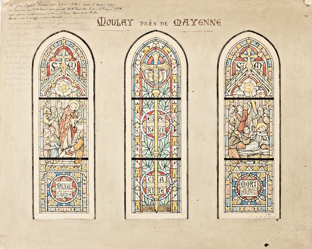 Ensemble d'1 verrière décorative et de 2 verrières historiées : les vertus théologales, messe de saint Martin, mort de saint Martin (baies 0 à 2) - Église paroissiale Saint-Martin, Moulay