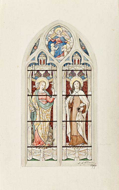 Verrière à personnages : sainte Marguerite, sainte Thérèse d'Avila (baie 1) - Église paroissiale Saint-Sixte, La Chapelle-Rainsouin
