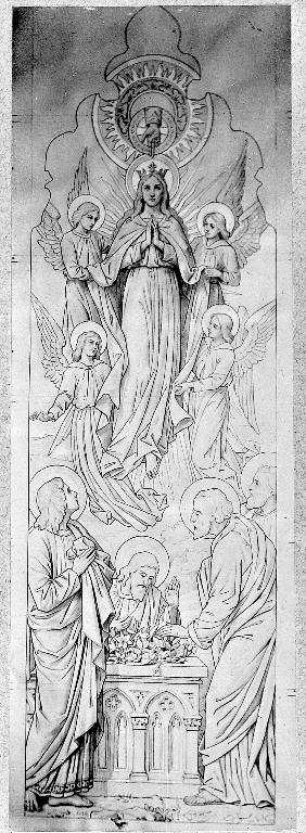 Ensemble de 2 verrières historiées : l'agonie au jardin des oliviers, la Vierge intercédant pour l'Eglise auprès de la Trinité, le portement de croix, l'assomption (baies 3 et 4) - Église paroissiale Saint-Nicolas, Craon