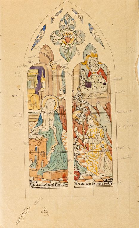 Ensemble de 2 verrières historiées : apparition du Sacré-Cœur à sainte Marguerite-Marie Alacoque, annonciation (baies 3 et 4) - Église paroissiale Saint-Georges, Montigné-le-Brillant