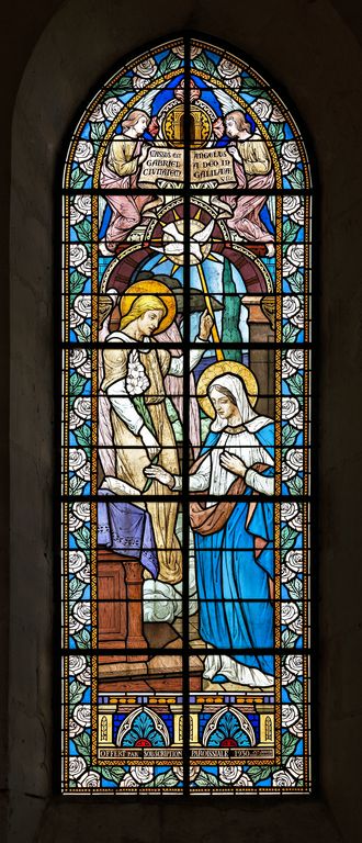 Ensemble de 5 verrières historiées : vie du Christ et de la Vierge (baies 0 à 4) - Église paroissiale Notre-Dame, Chassillé