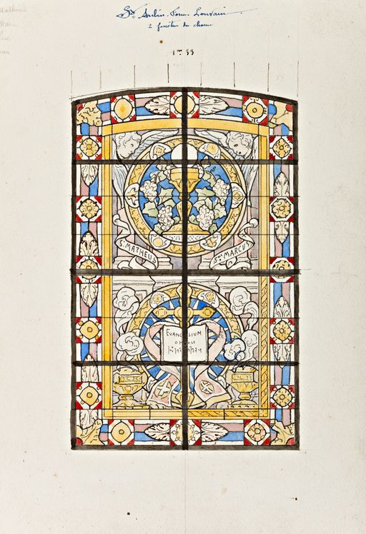 Ensemble de 2 verrières : emblèmes eucharistiques (baies 1 et 2) - Église paroissiale Saint-Aubin, Saint-Aubin-Fosse-Louvain